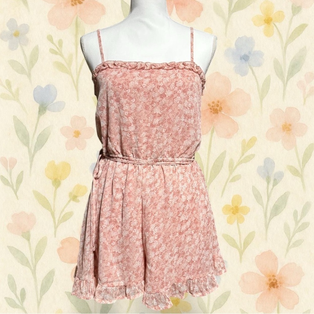 Row A Pink Floral Romper Ruffle Hem Adjustable Straps Size M